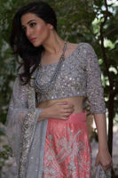 Pakistani Ash Grey & Pink Embroidered Crepe Lehenga (3-Piece) - Image 3