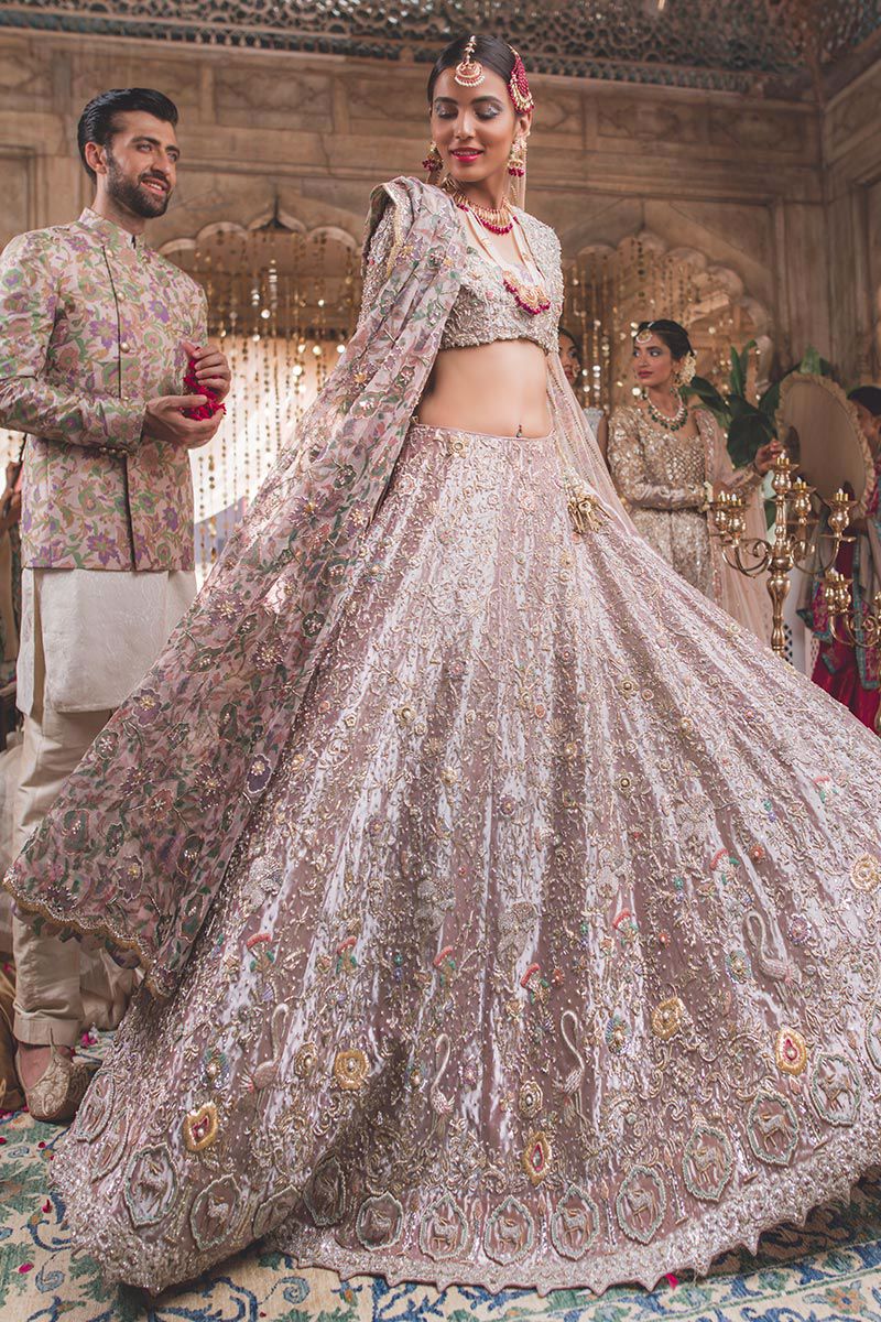 Pakistani Soft Pink Embellished Tissue Lehnga Choli (3-Piece) - Image 1