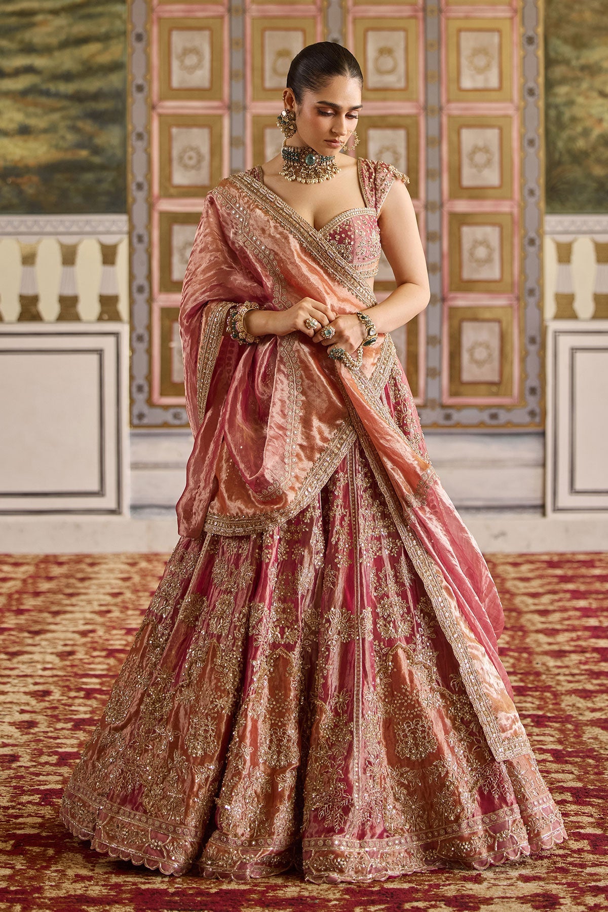 Indian Fuchsia & Orange Embroidered Tissue Lehenga (3-Piece) - Image 1