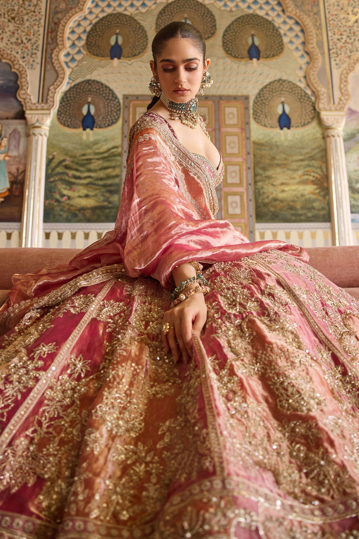 Indian Fuchsia & Orange Embroidered Tissue Lehenga (3-Piece) - Image 2