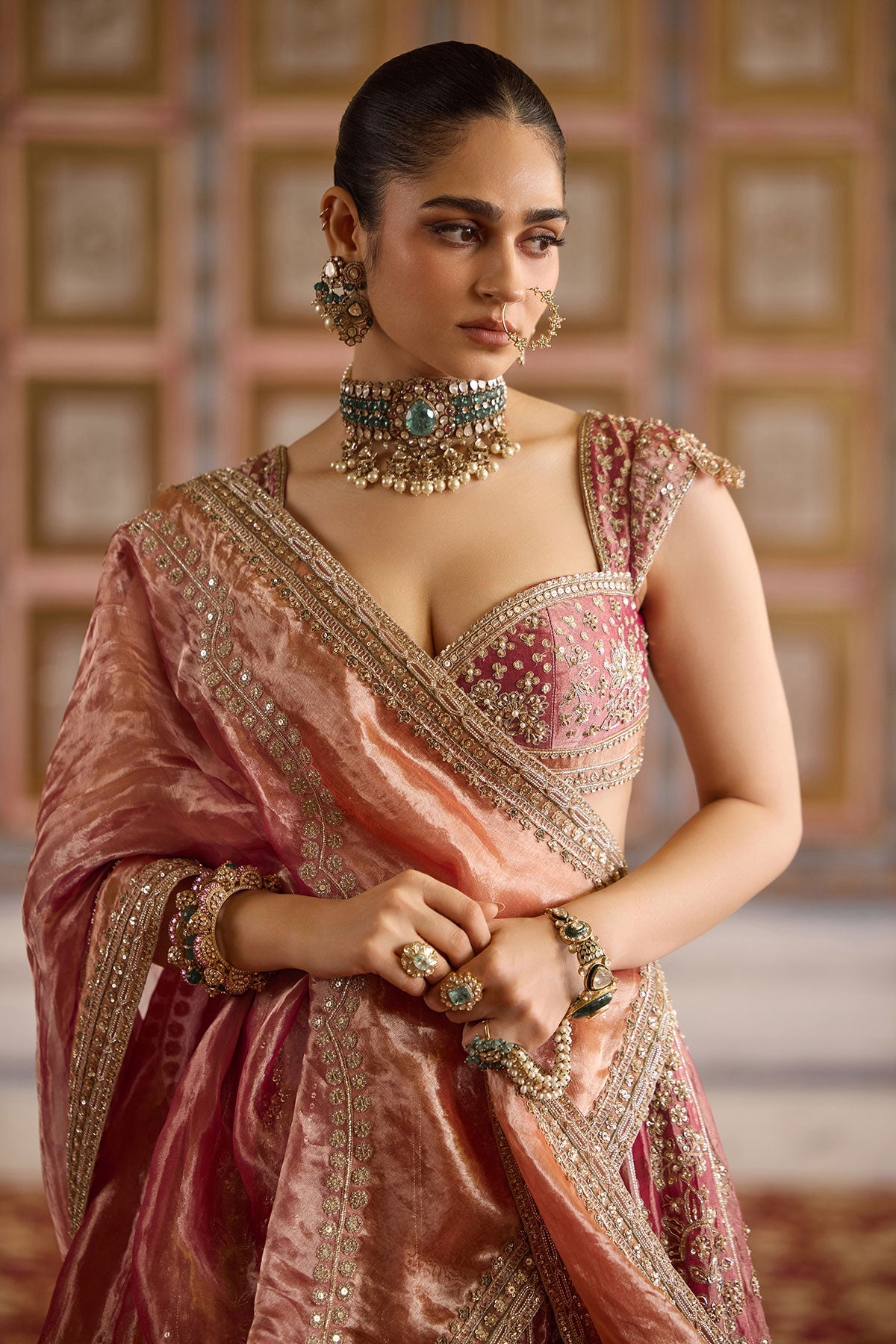 Indian Fuchsia & Orange Embroidered Tissue Lehenga (3-Piece) - Image 3