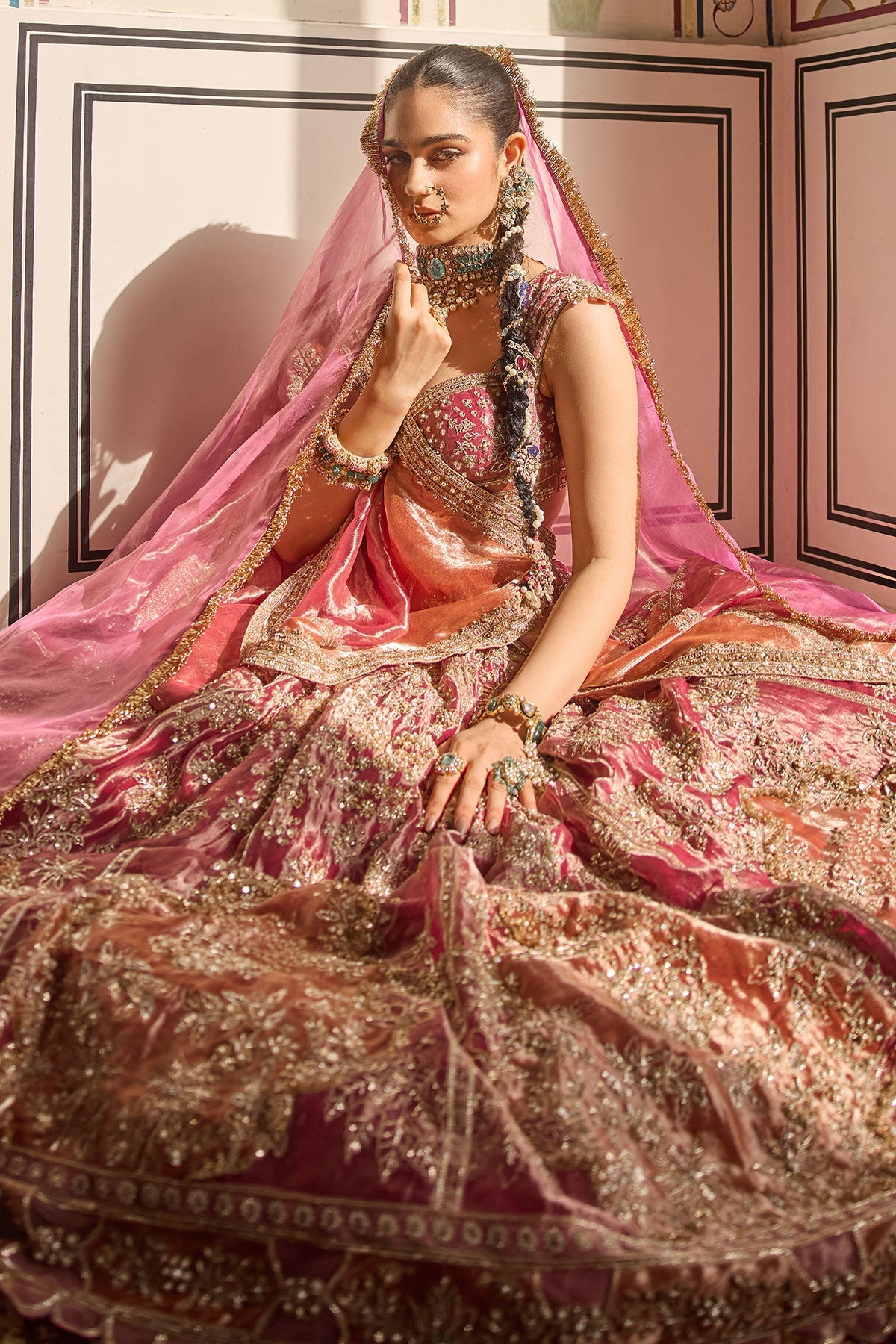 Indian Fuchsia & Orange Embroidered Tissue Lehenga (3-Piece) - Image 4