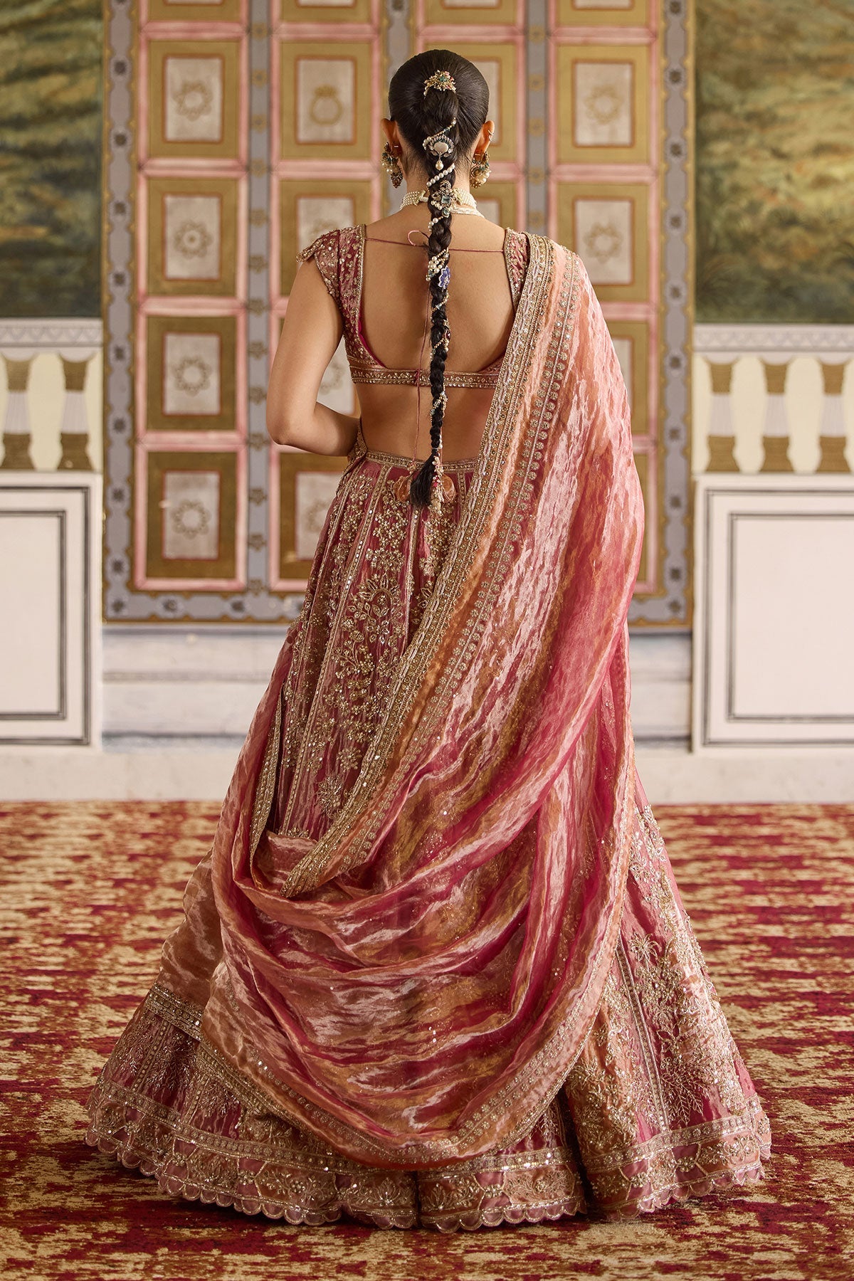 Indian Fuchsia & Orange Embroidered Tissue Lehenga (3-Piece) - Image 5