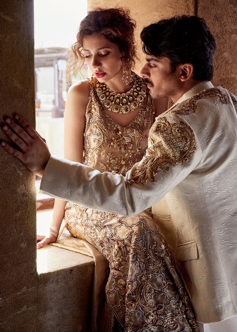 Peach Embellished Tissue Long Shirt & Lehnga (3-Piece) - Image 1