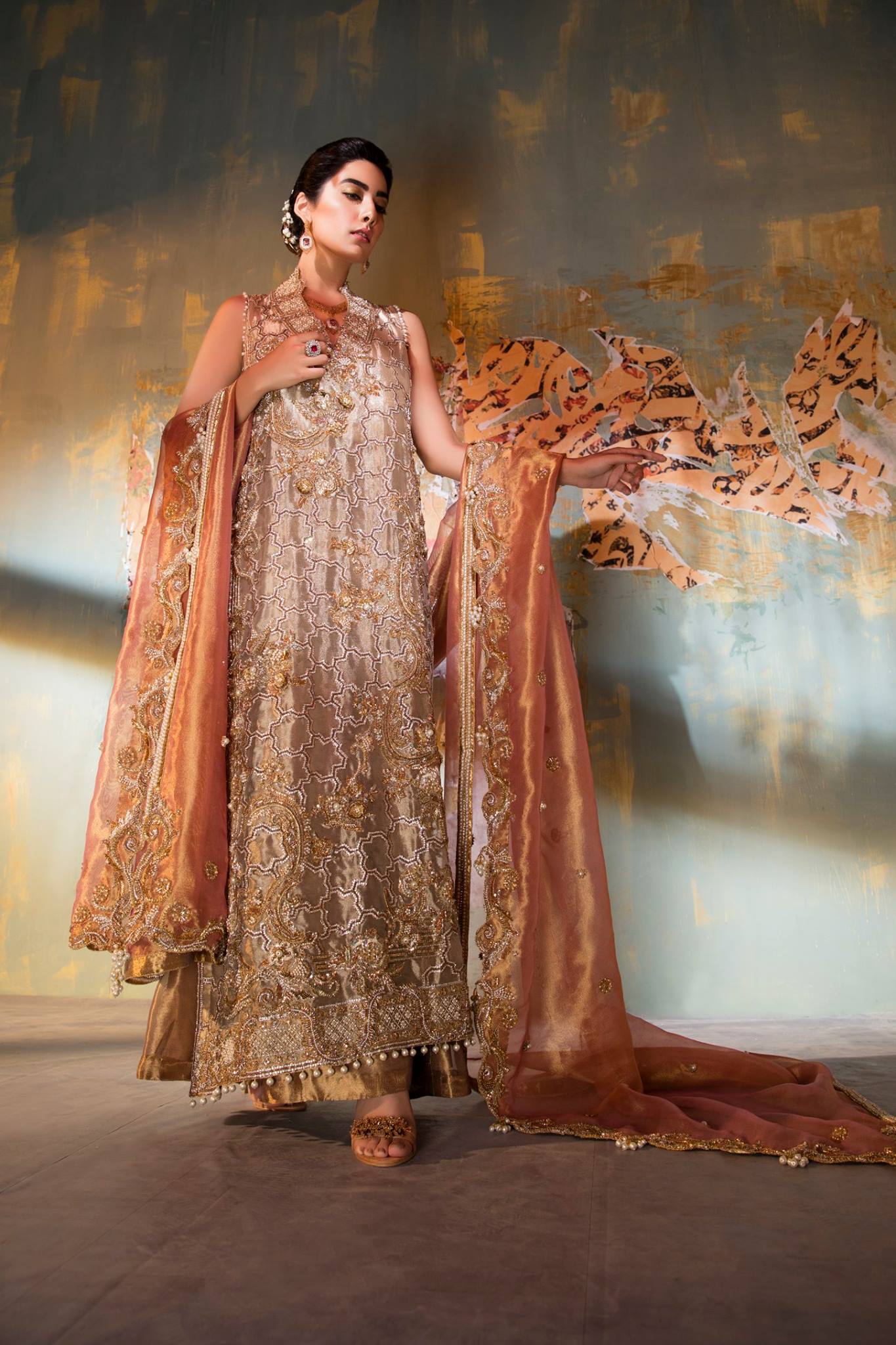 Peach Embellished Tissue Long Shirt & Lehnga (3-Piece) - Image 2