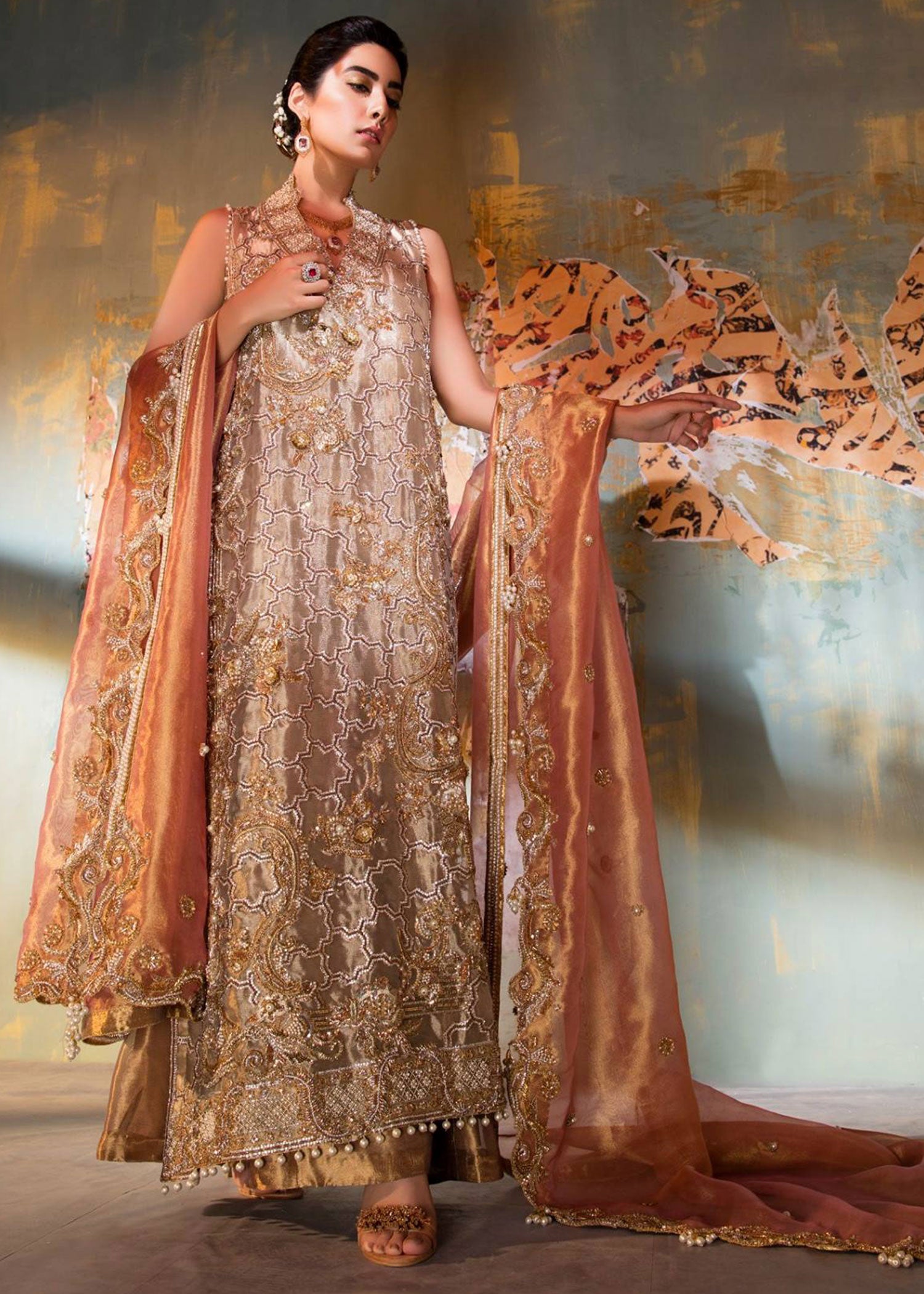 Peach Embellished Tissue Long Shirt & Lehnga (3-Piece) - Image 3