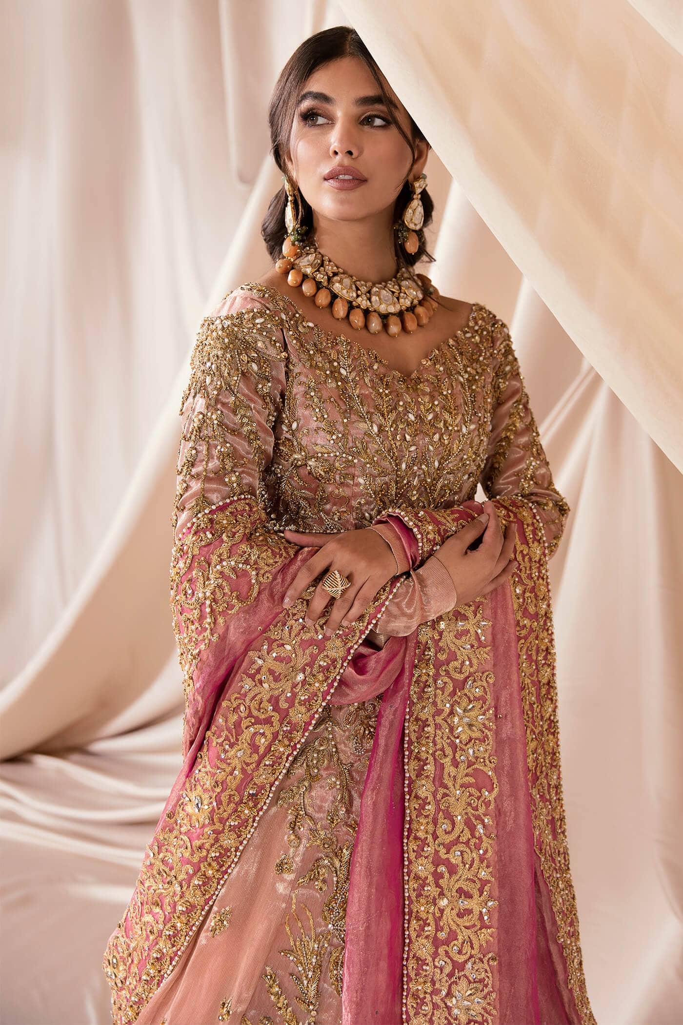 Blush Pink Zardozi Swarovski Tissue & Kimkhaab Lehenga (3-Piece) - Image 4