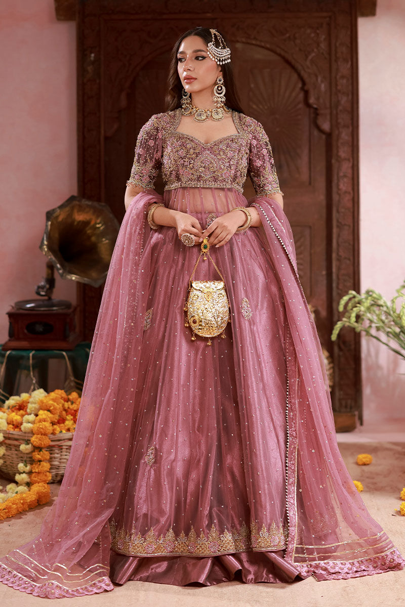 Pakistani Falsa Embroidered Tissue Lama Kalidaar Lehenga (3-Piece) - Image 5