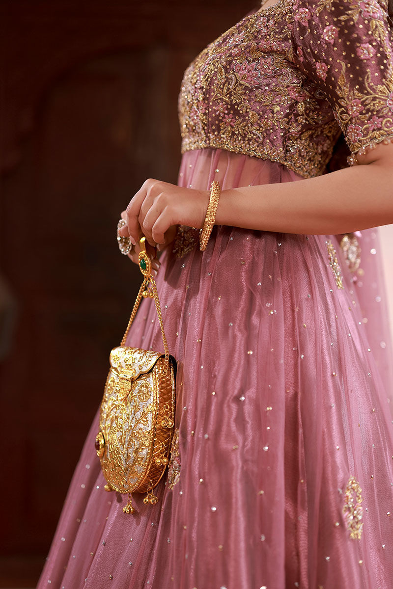 Pakistani Falsa Embroidered Tissue Lama Kalidaar Lehenga (3-Piece) - Image 9