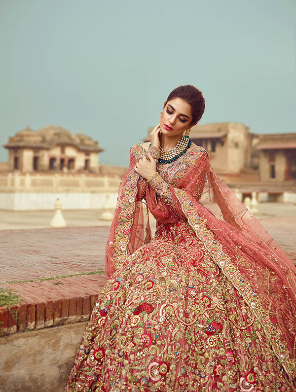 Rose Pink Embellished Net & Tissue Bridal Lehenga (3-Piece) - Image 2