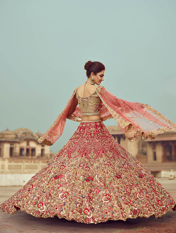 Rose Pink Embellished Net & Tissue Bridal Lehenga (3-Piece) - Image 3
