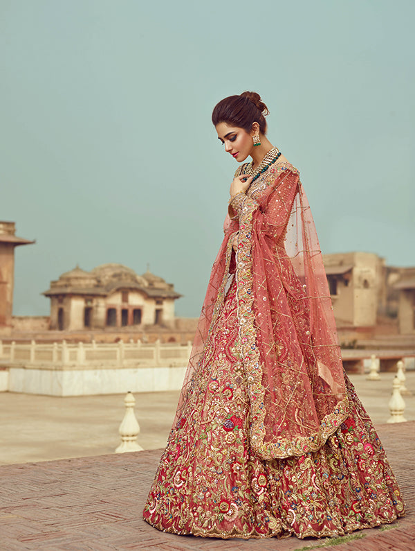 Rose Pink Embellished Net & Tissue Bridal Lehenga (3-Piece) - Image 4