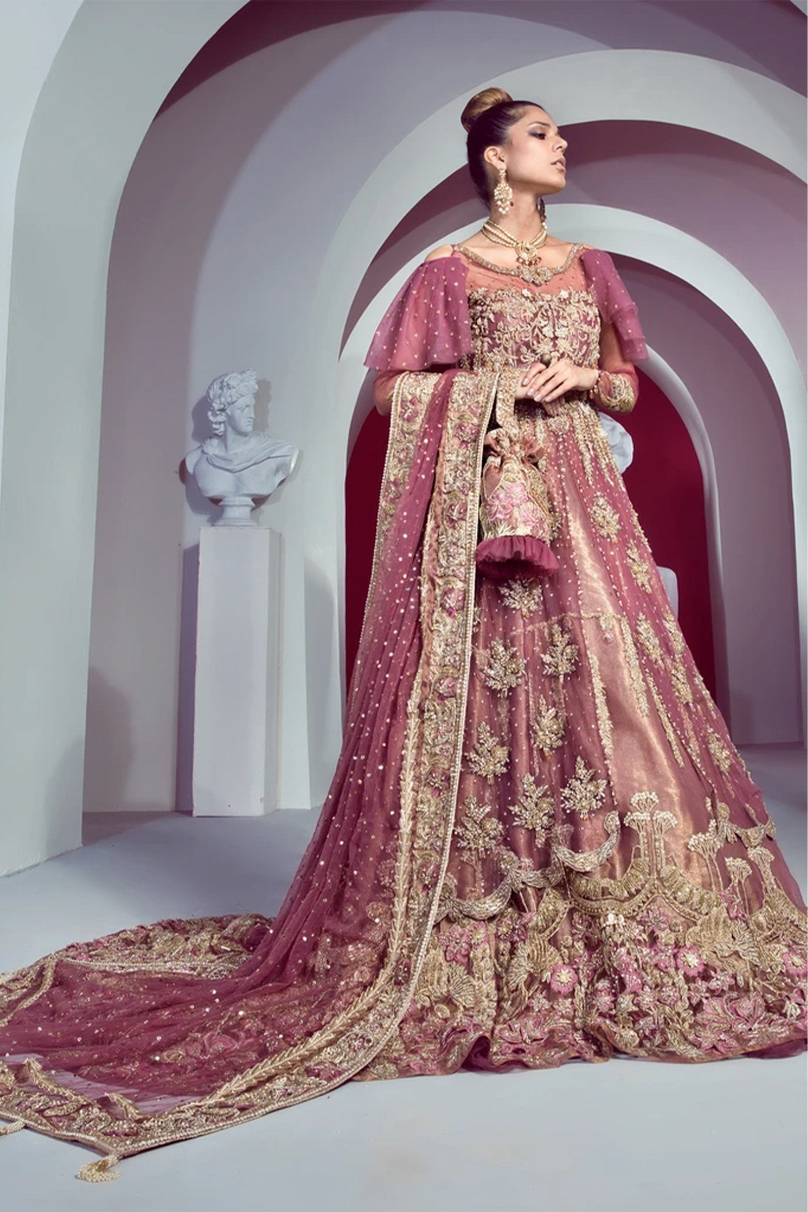 Pink Mukaish Embroidered Net Lehenga (3-Piece) - Image 1