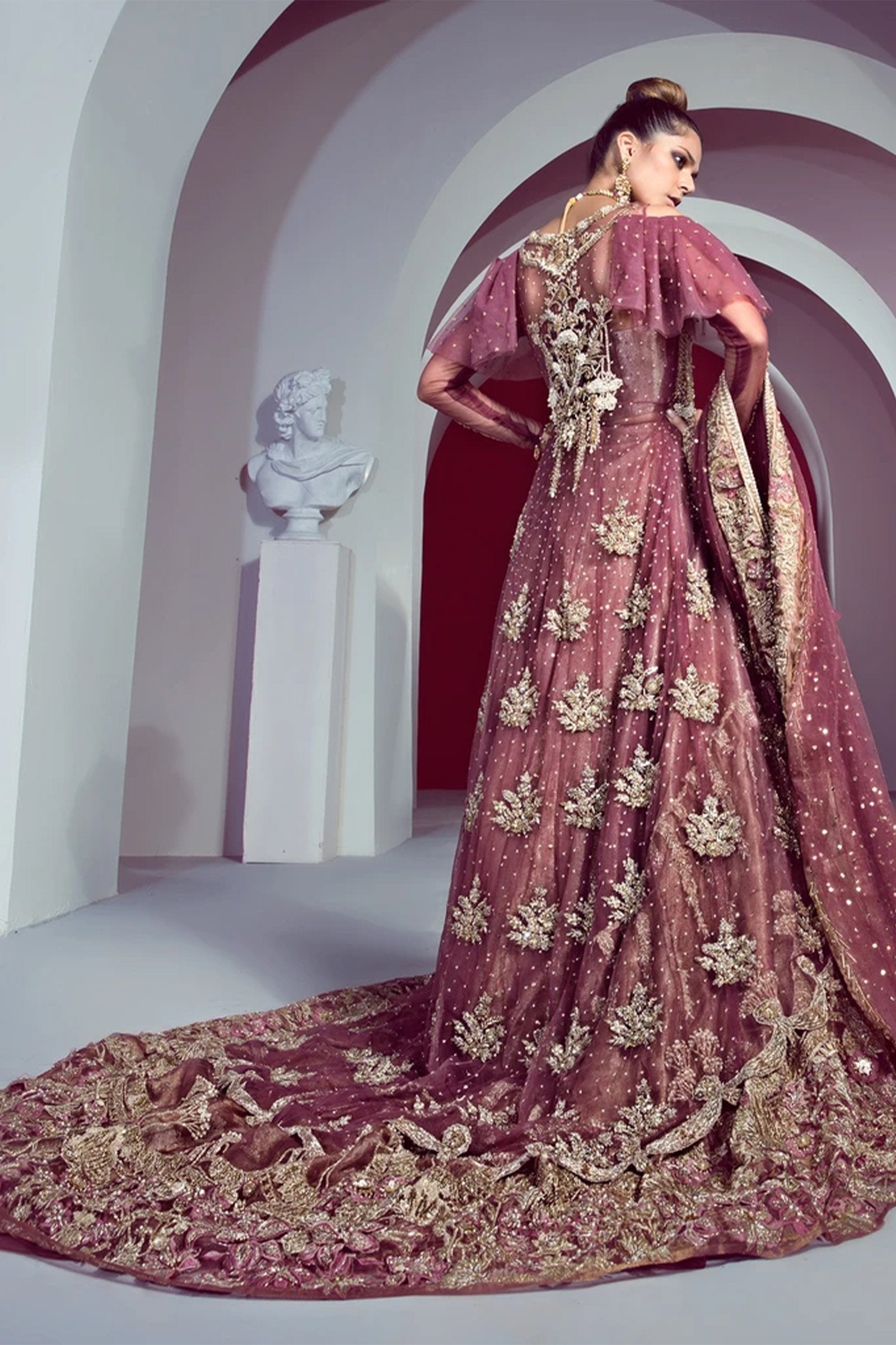 Pink Mukaish Embroidered Net Lehenga (3-Piece) - Image 2