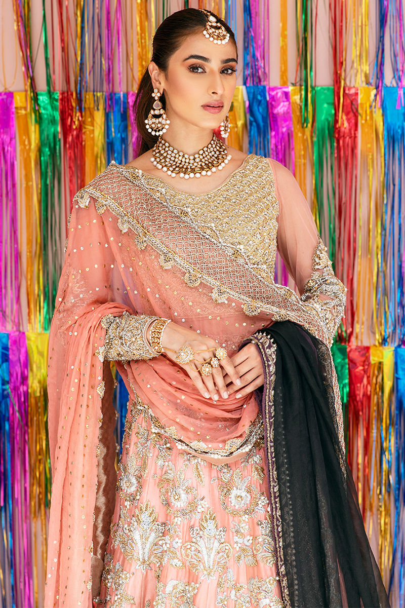 Coral Gold Embellished Tissue Net Bridal Lehenga (3-Piece) - Image 1