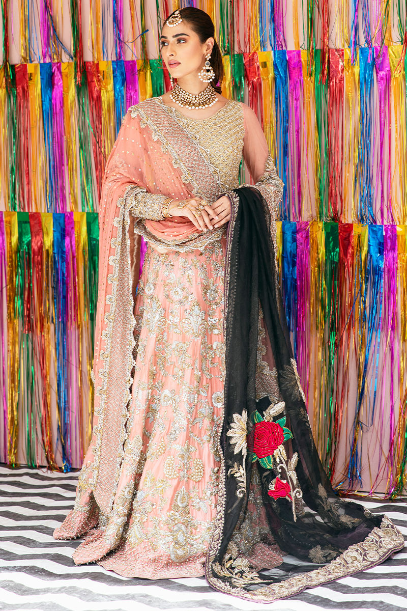 Coral Gold Embellished Tissue Net Bridal Lehenga (3-Piece) - Image 2