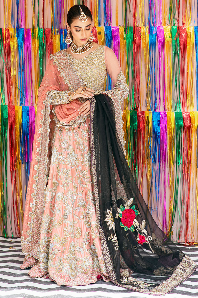 Coral Gold Embellished Tissue Net Bridal Lehenga (3-Piece) - Image 3