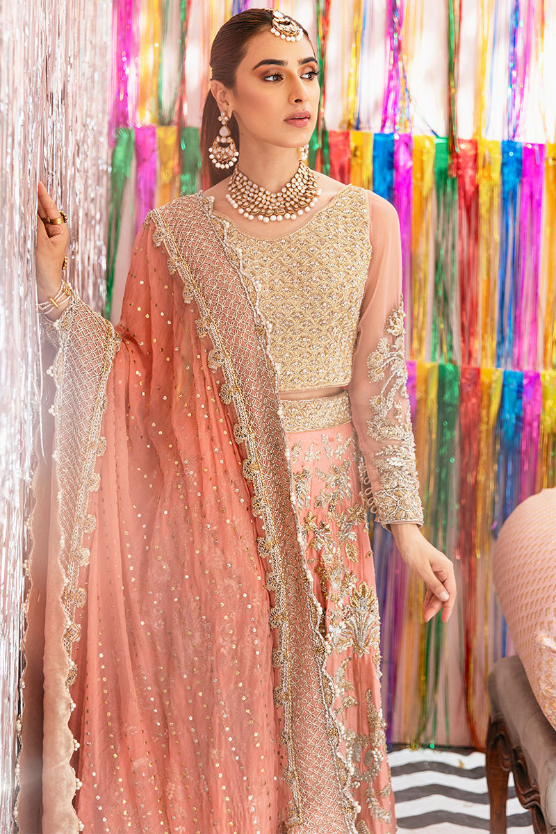 Coral Gold Embellished Tissue Net Bridal Lehenga (3-Piece) - Image 4