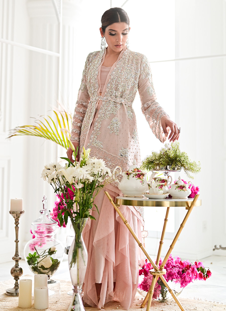 Pakistani Blush Pink Embellished Tissue Jacket & Lehenga (2-Piece) - Image 1
