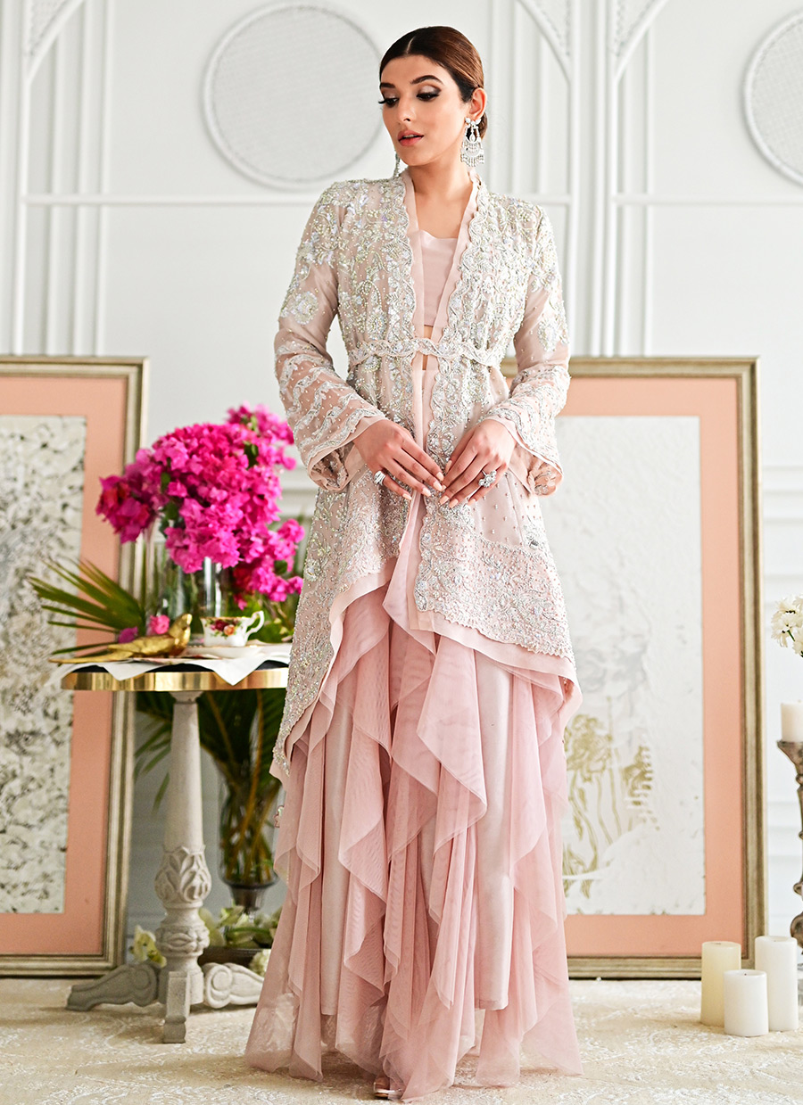 Pakistani Blush Pink Embellished Tissue Jacket & Lehenga (2-Piece) - Image 5
