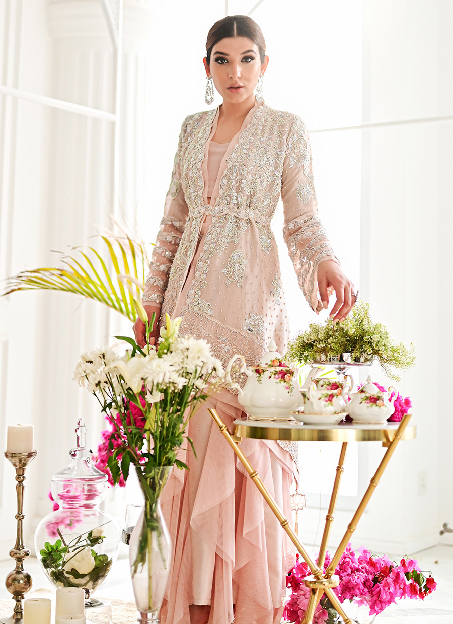 Pakistani Blush Pink Embellished Tissue Jacket & Lehenga (2-Piece) - Image 6