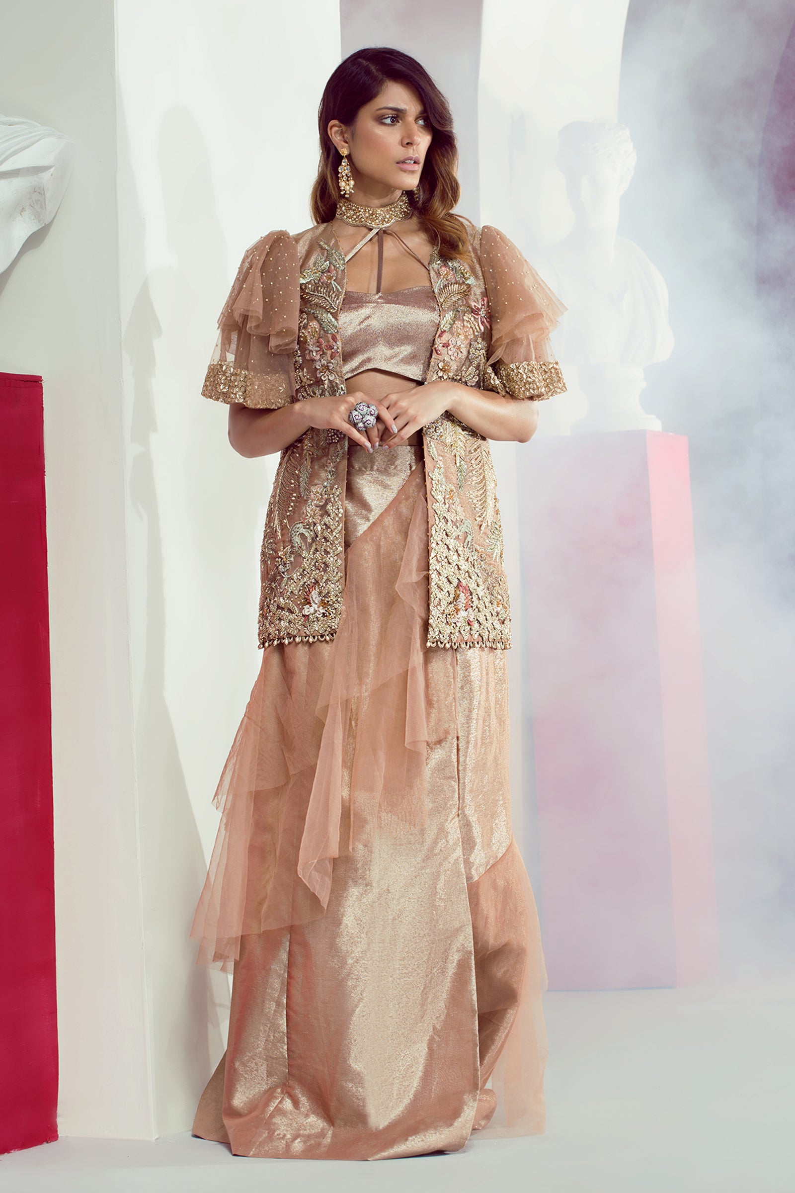 Pakistani Peach Embroidered Tissue Lehenga Set (3-Piece) - Image 1