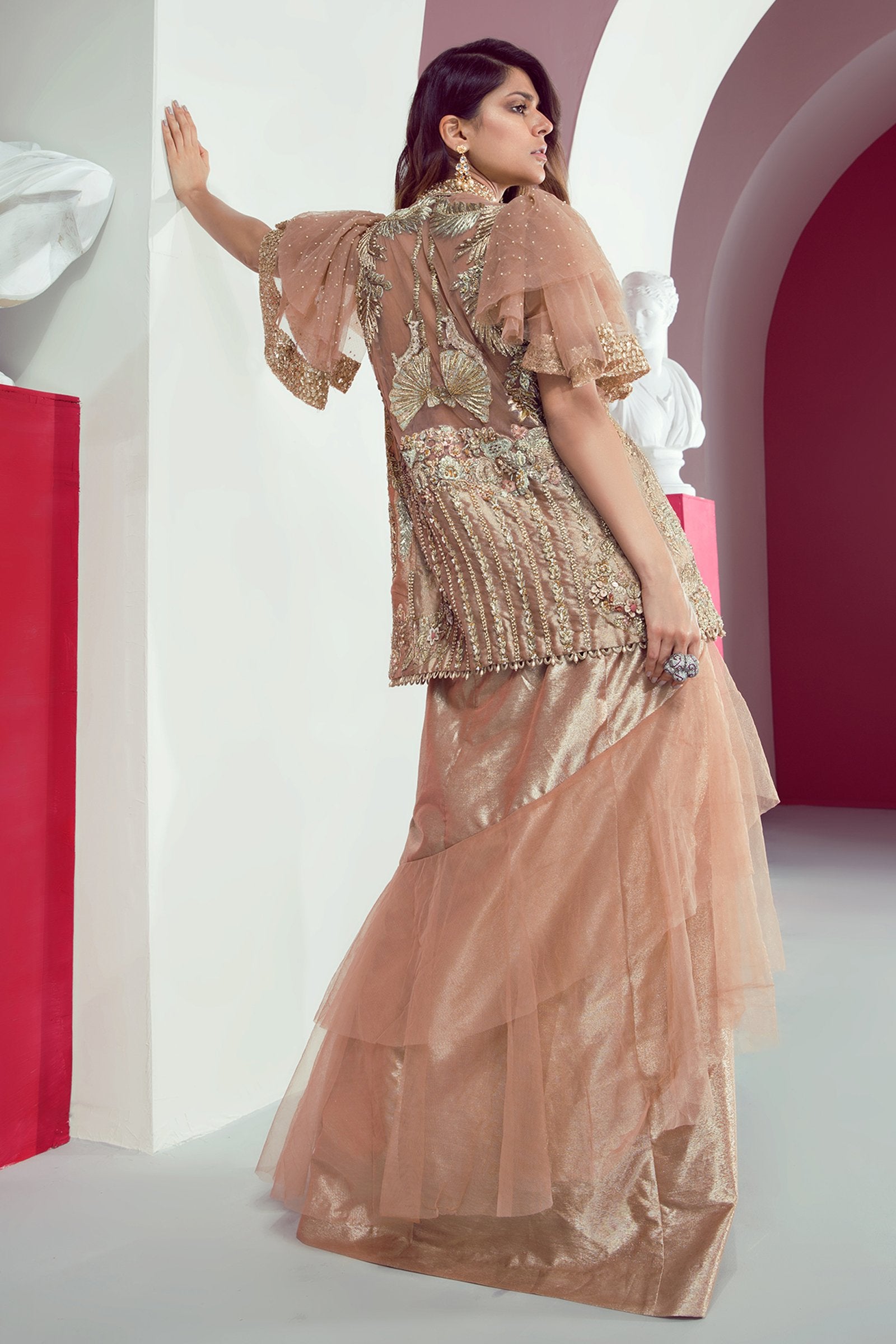 Pakistani Peach Embroidered Tissue Lehenga Set (3-Piece) - Image 4