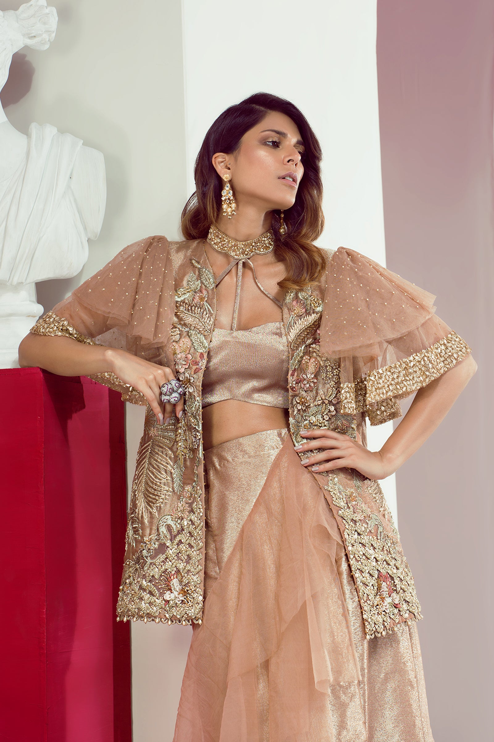 Pakistani Peach Embroidered Tissue Lehenga Set (3-Piece) - Image 5