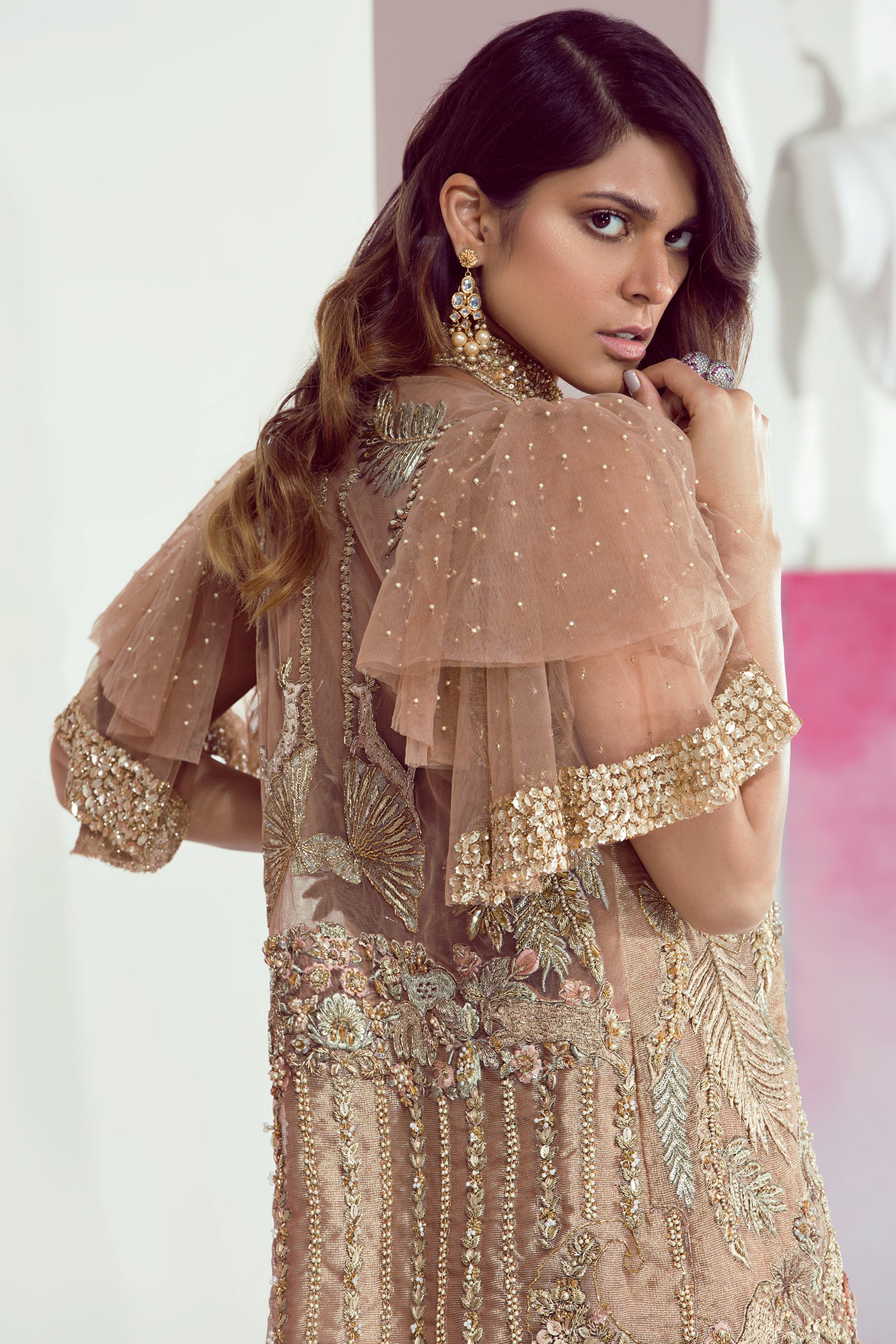 Pakistani Peach Embroidered Tissue Lehenga Set (3-Piece) - Image 6