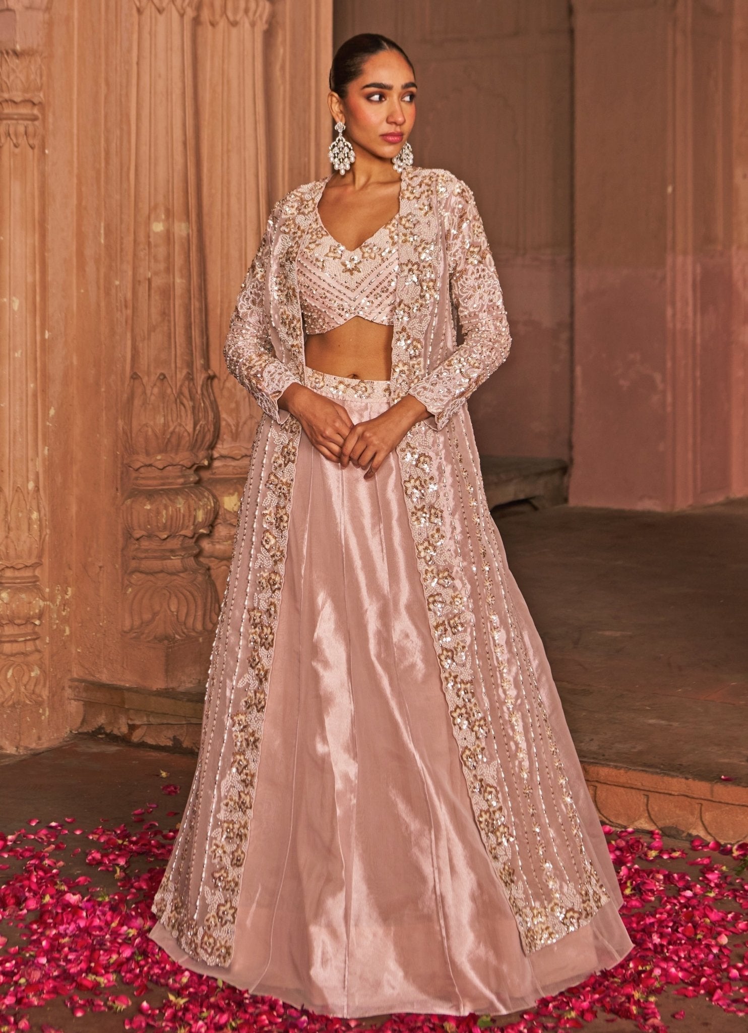 Blush Pink Sequin Embroidered Tissue Lehenga (4-Piece) - Image 1
