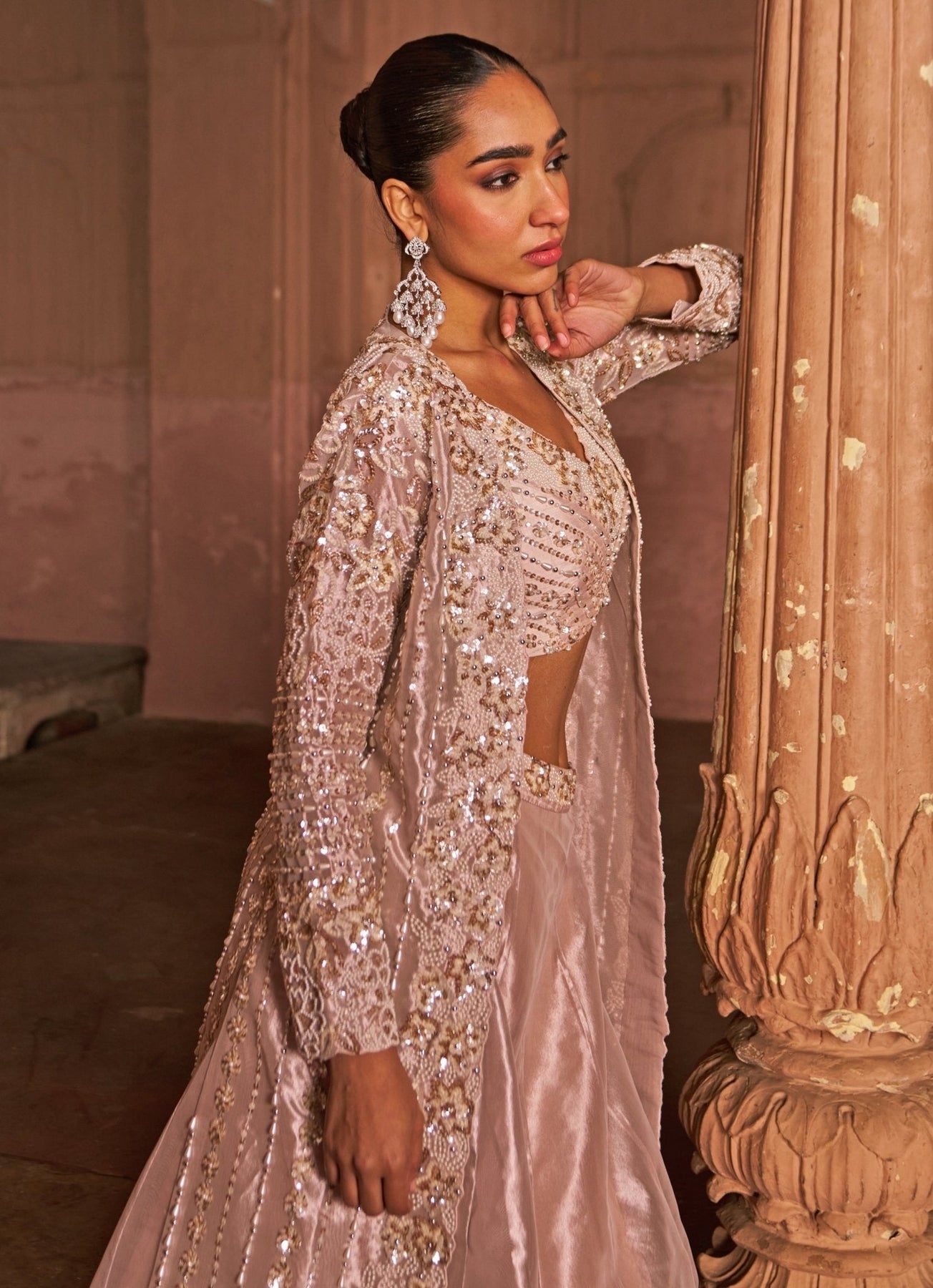 Blush Pink Sequin Embroidered Tissue Lehenga (4-Piece) - Image 3