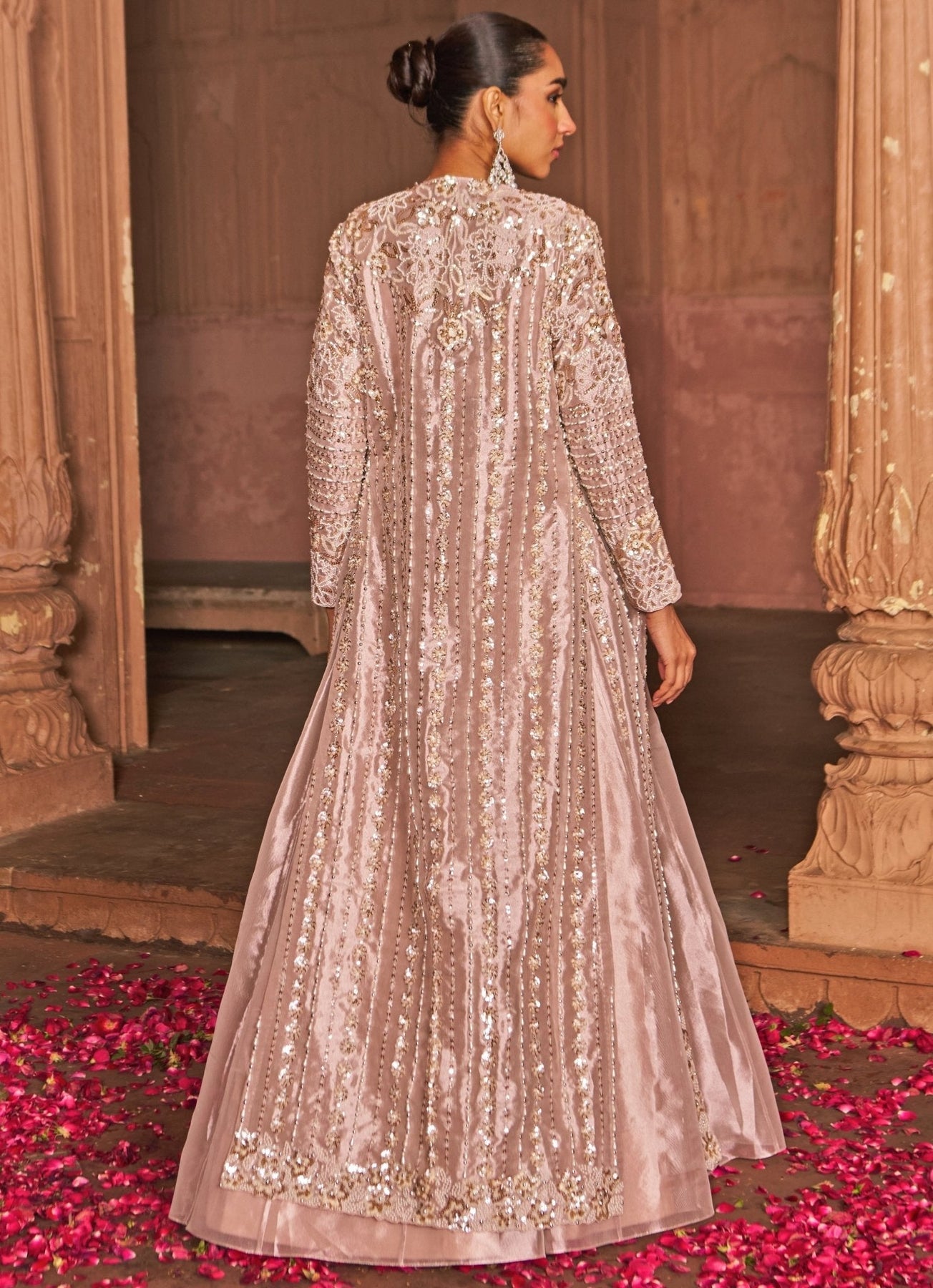 Blush Pink Sequin Embroidered Tissue Lehenga (4-Piece) - Image 4