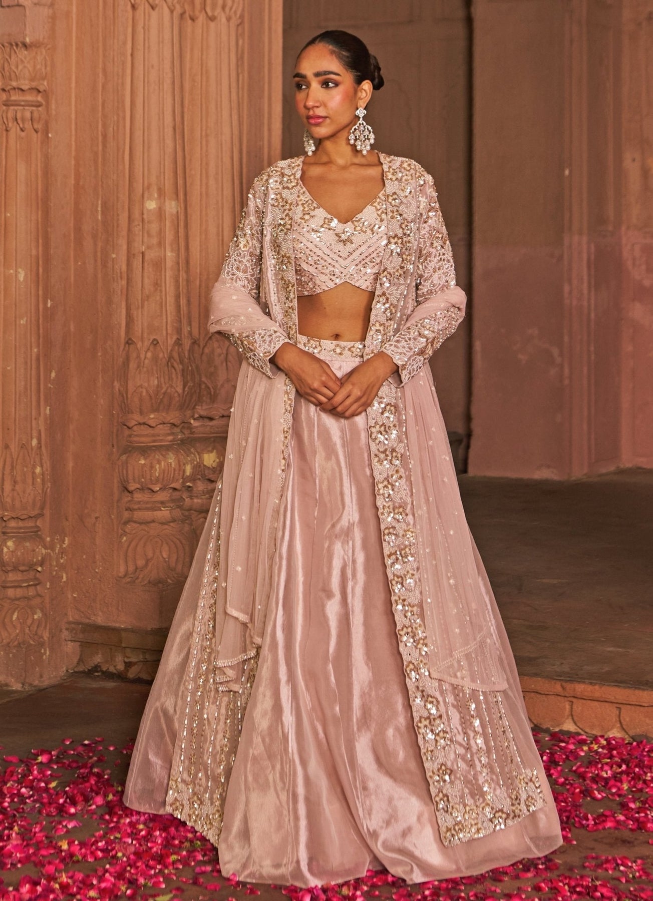 Blush Pink Sequin Embroidered Tissue Lehenga (4-Piece) - Image 5