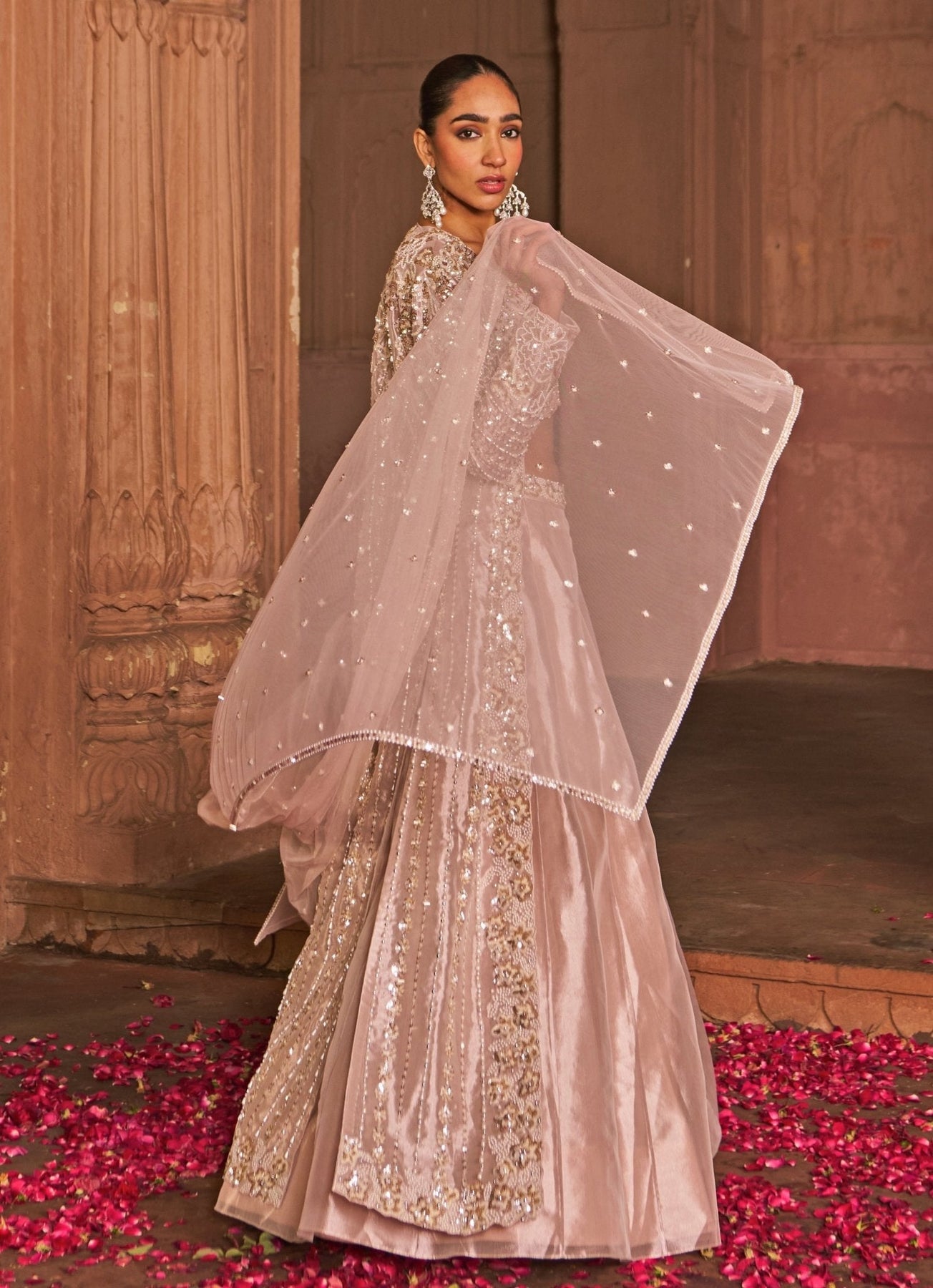 Blush Pink Sequin Embroidered Tissue Lehenga (4-Piece) - Image 6