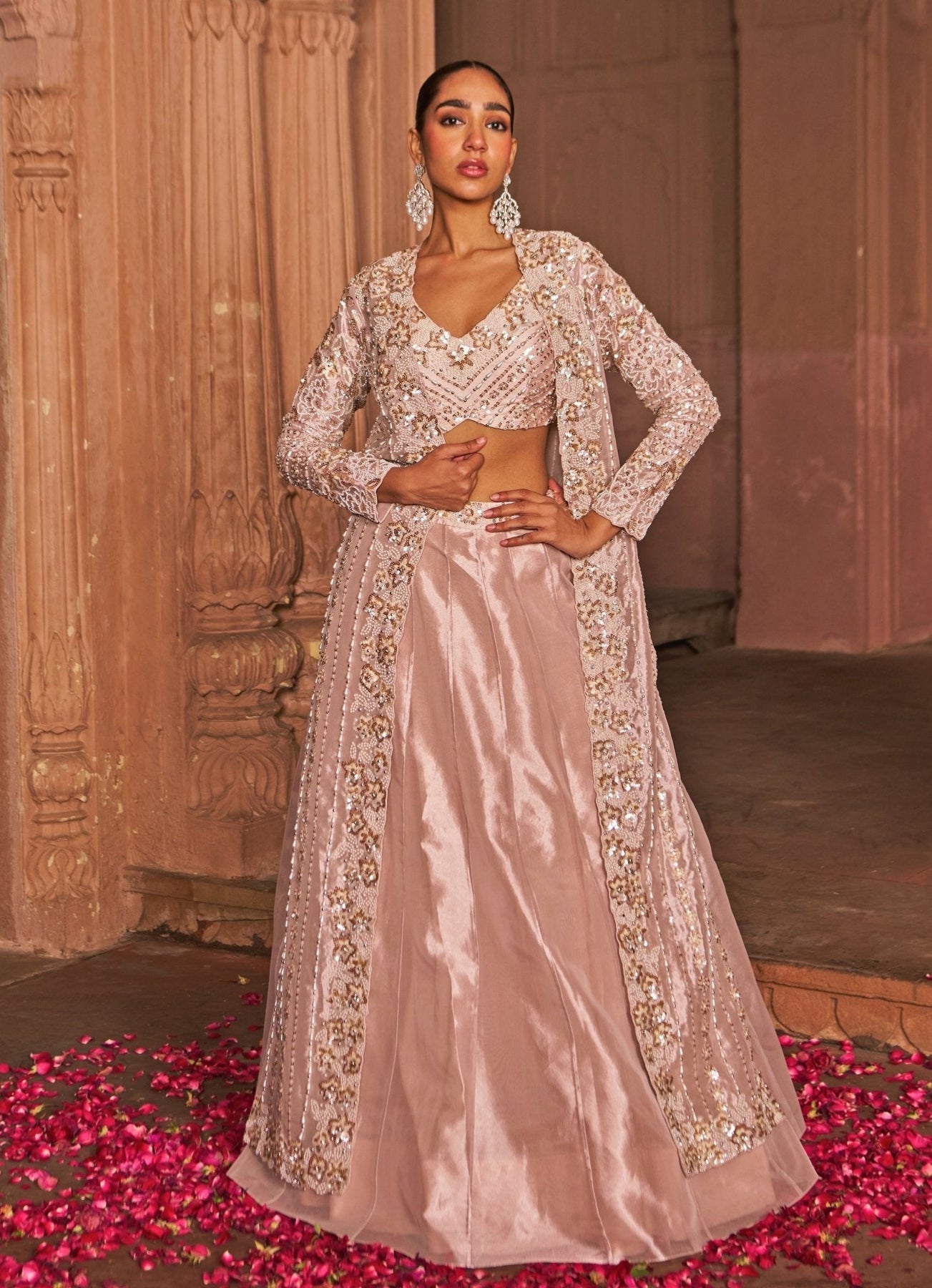 Blush Pink Sequin Embroidered Tissue Lehenga (4-Piece) - Image 7