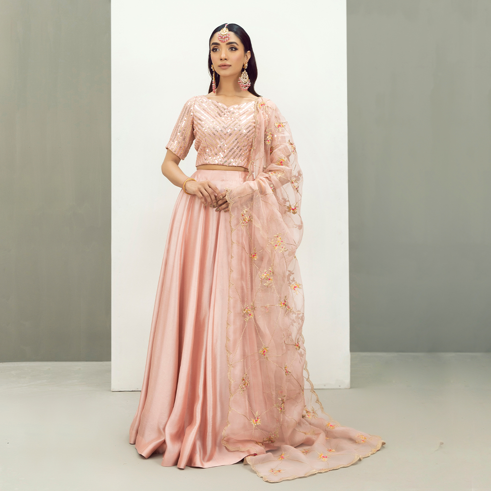 Pakistani Blush Pink Embroidered Georgette & Tissue Silk Lehenga (3-Piece) - Image 1