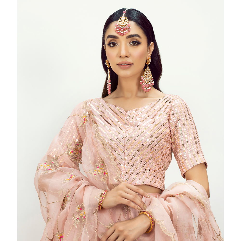 Pakistani Blush Pink Embroidered Georgette & Tissue Silk Lehenga (3-Piece) - Image 2