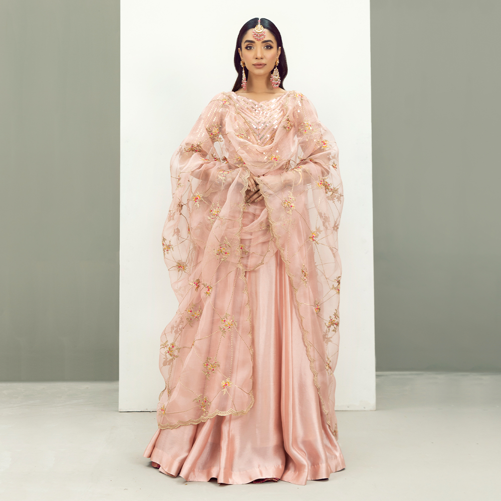 Pakistani Blush Pink Embroidered Georgette & Tissue Silk Lehenga (3-Piece) - Image 3