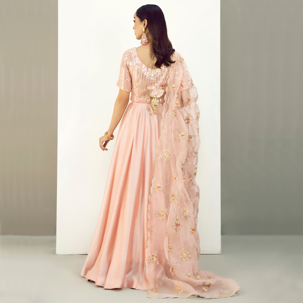 Pakistani Blush Pink Embroidered Georgette & Tissue Silk Lehenga (3-Piece) - Image 4