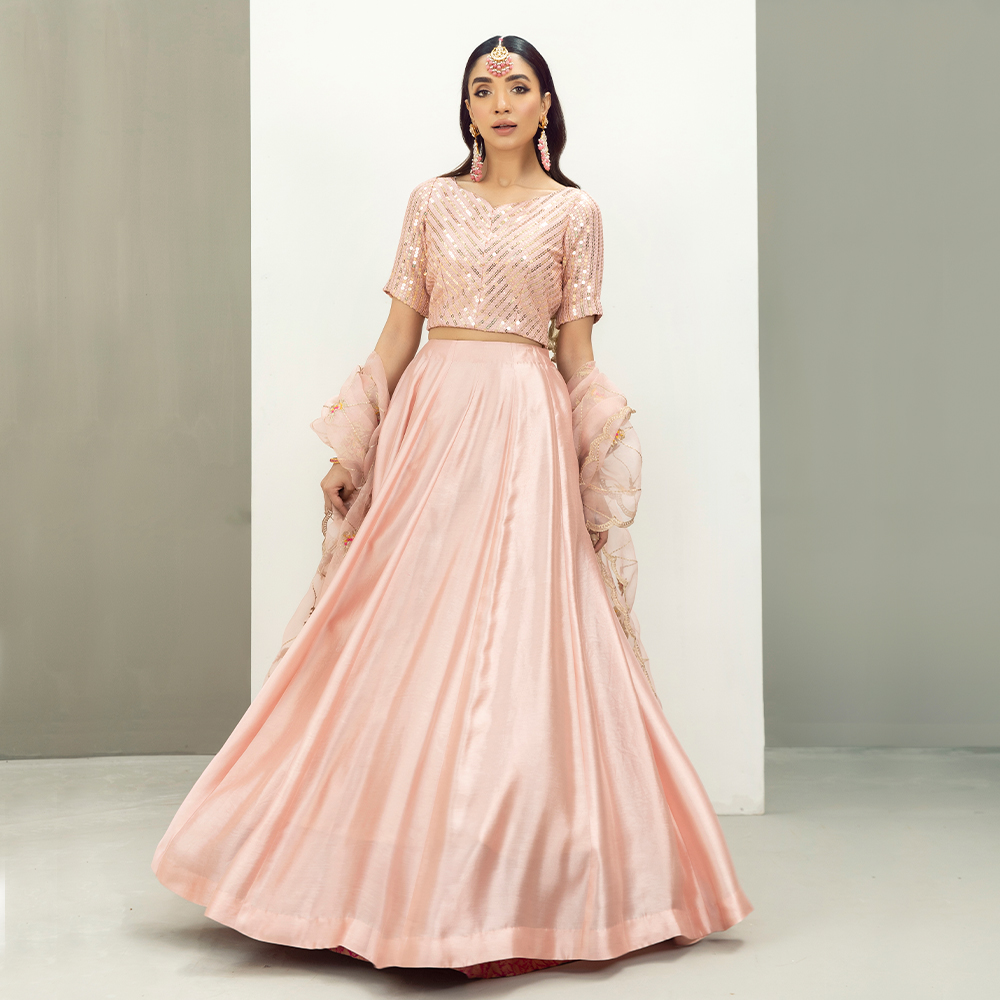 Pakistani Blush Pink Embroidered Georgette & Tissue Silk Lehenga (3-Piece) - Image 6