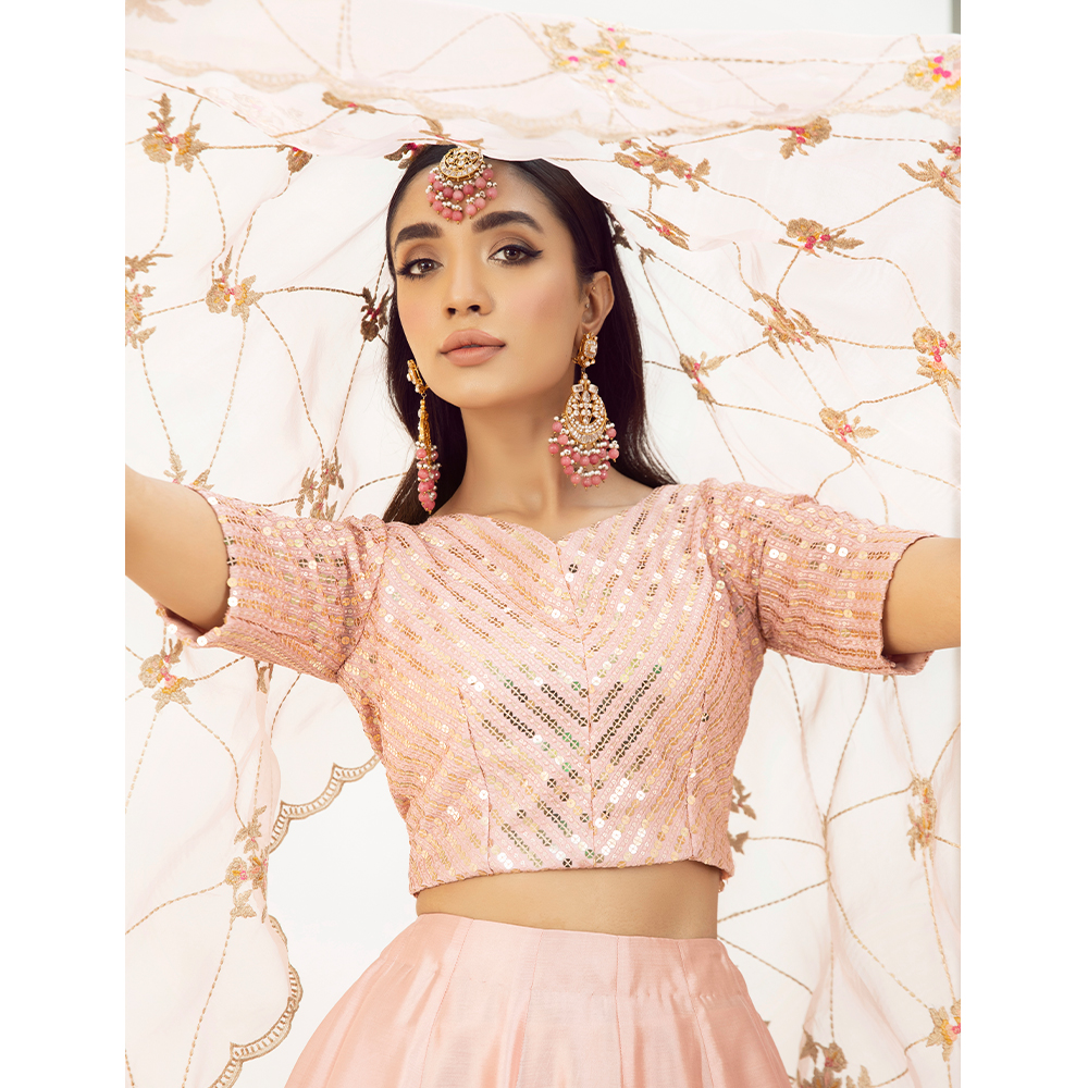Pakistani Blush Pink Embroidered Georgette & Tissue Silk Lehenga (3-Piece) - Image 7