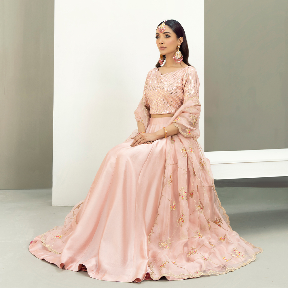 Pakistani Blush Pink Embroidered Georgette & Tissue Silk Lehenga (3-Piece) - Image 8