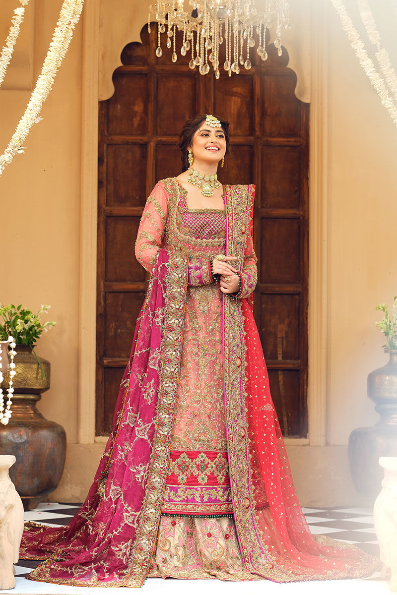 Coral Zardozi Net Long Shirt & Golden Tissue Lehenga (3-Piece) - Image 1