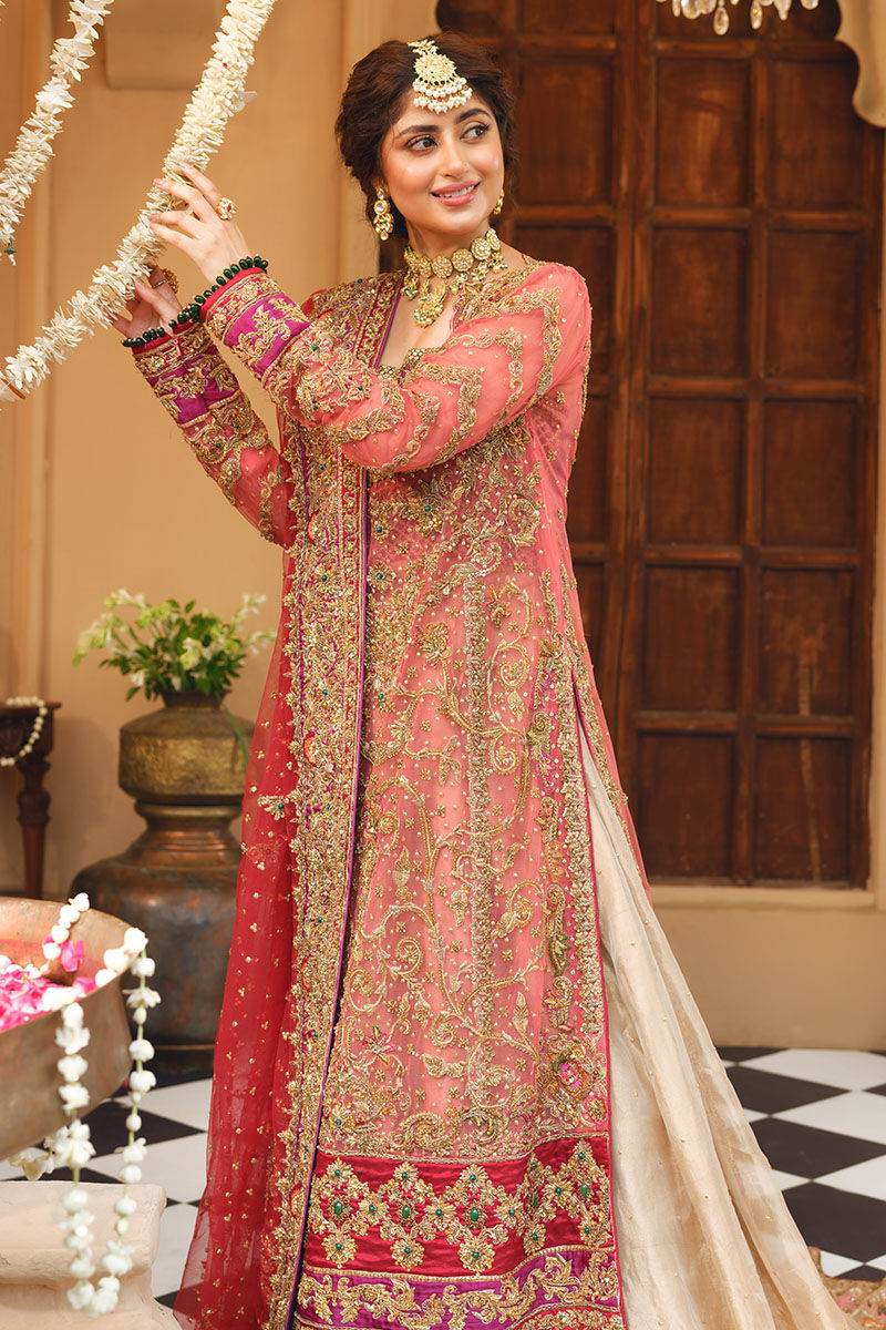 Coral Zardozi Net Long Shirt & Golden Tissue Lehenga (3-Piece) - Image 2