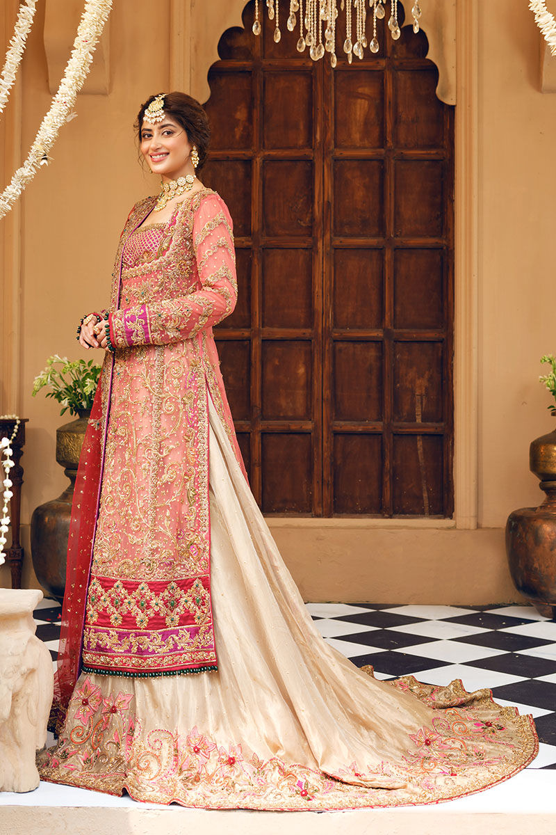 Coral Zardozi Net Long Shirt & Golden Tissue Lehenga (3-Piece) - Image 3