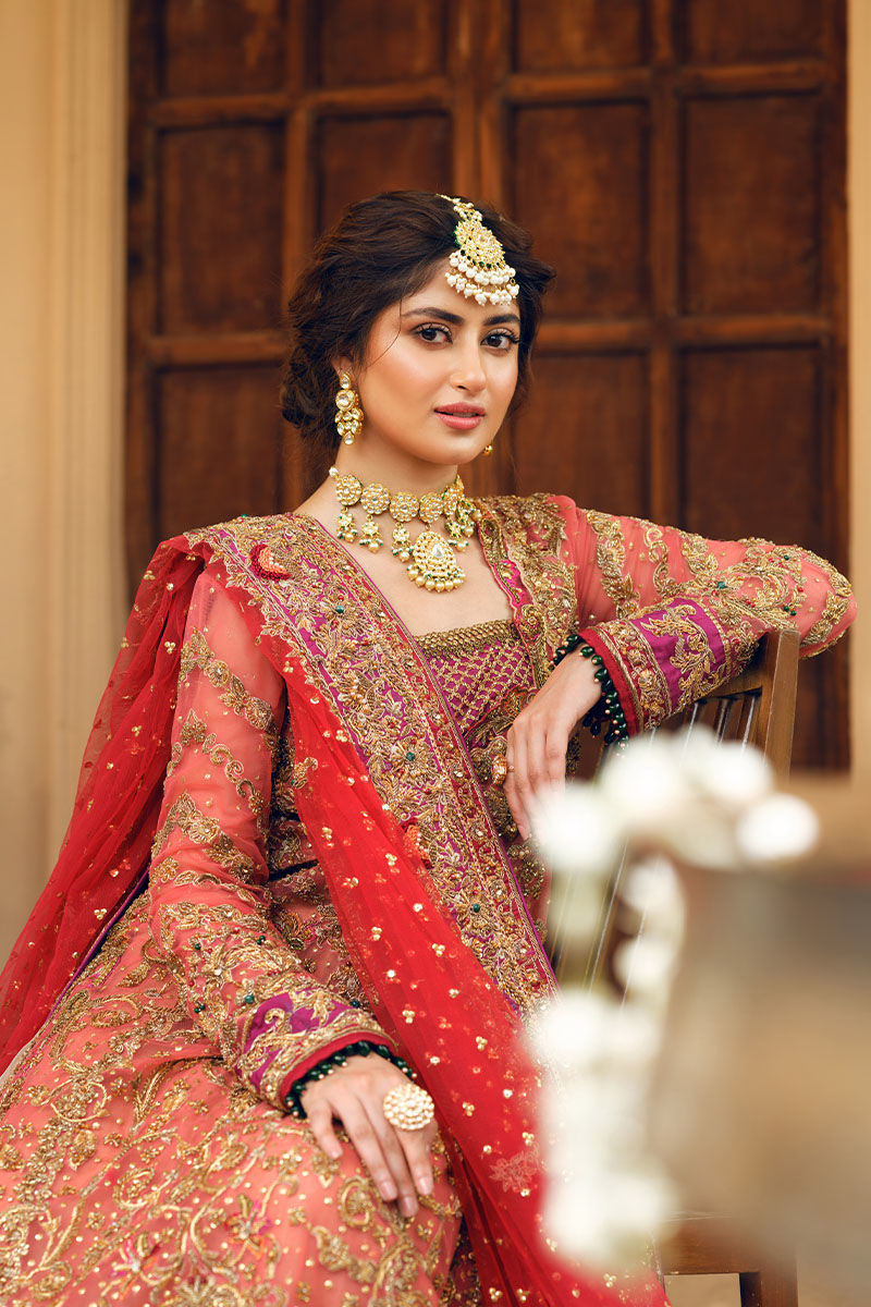 Coral Zardozi Net Long Shirt & Golden Tissue Lehenga (3-Piece) - Image 4