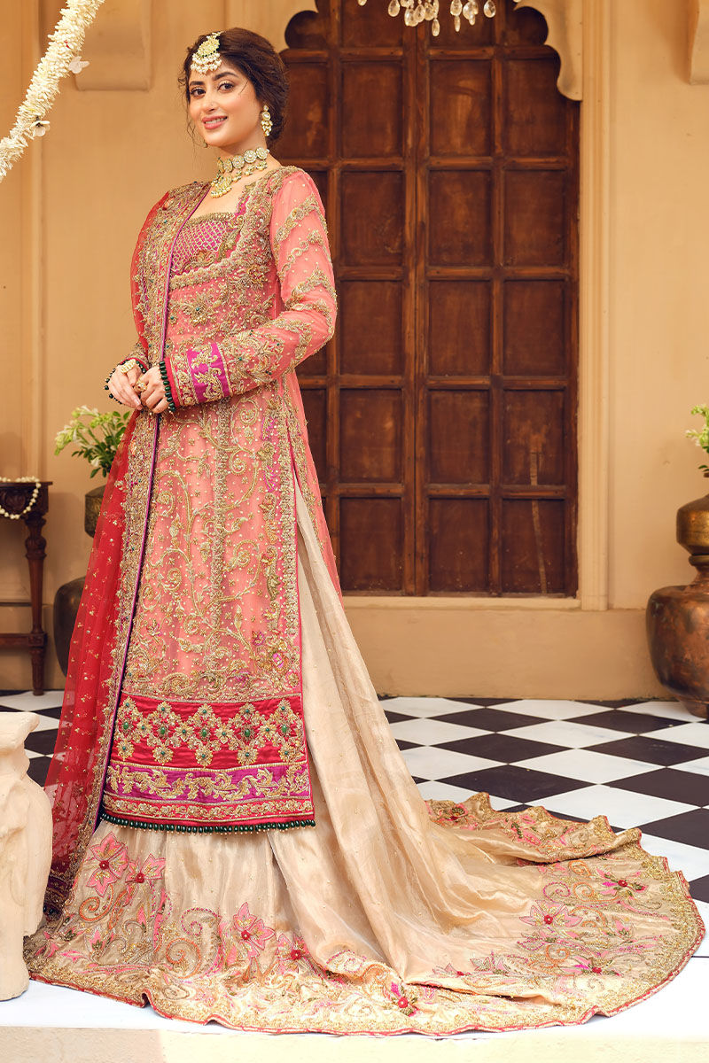 Coral Zardozi Net Long Shirt & Golden Tissue Lehenga (3-Piece) - Image 5