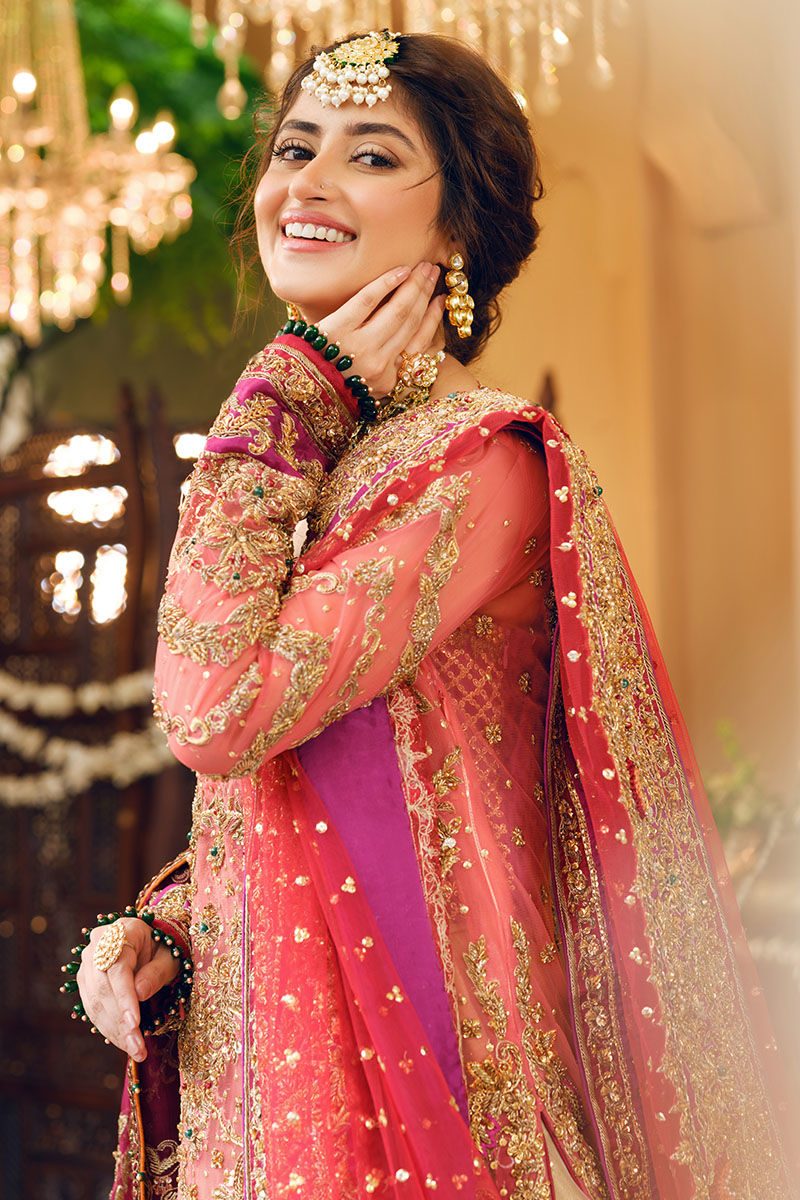Coral Zardozi Net Long Shirt & Golden Tissue Lehenga (3-Piece) - Image 6
