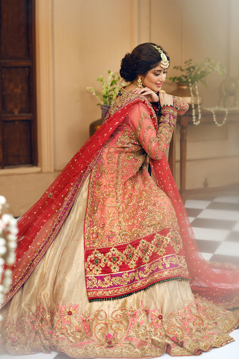 Coral Zardozi Net Long Shirt & Golden Tissue Lehenga (3-Piece) - Image 7