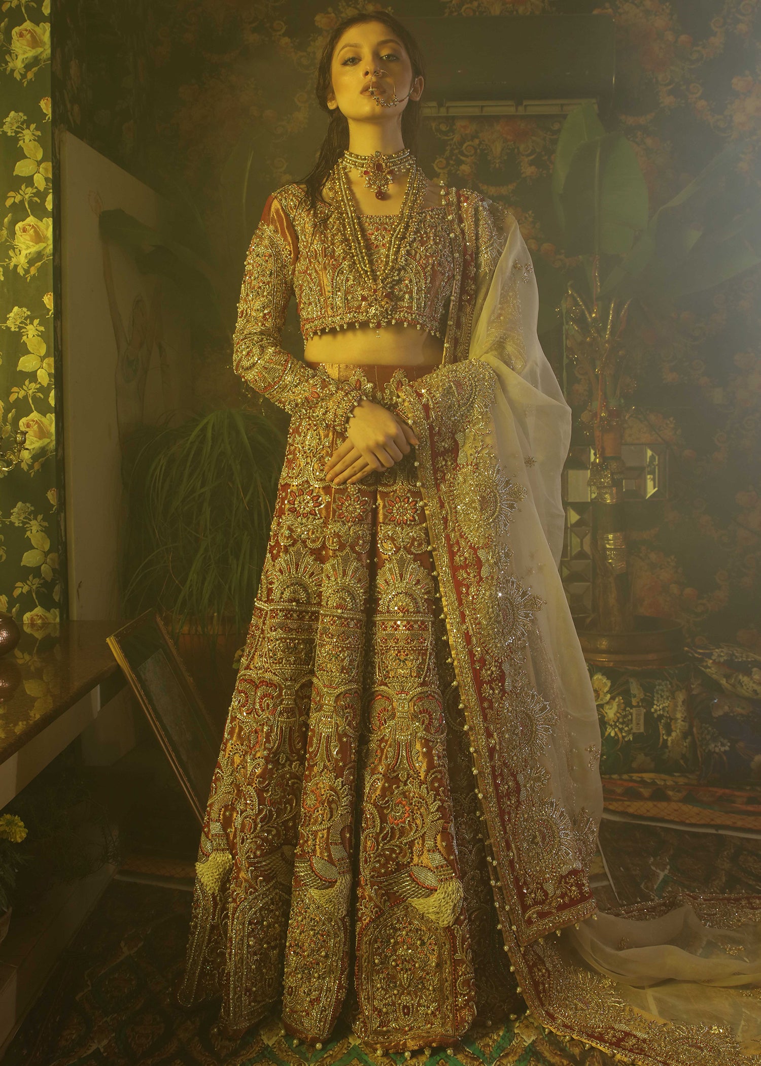 Pakistani Fuchsia Zardozi Tissue Lehenga (3-Piece) - Image 1